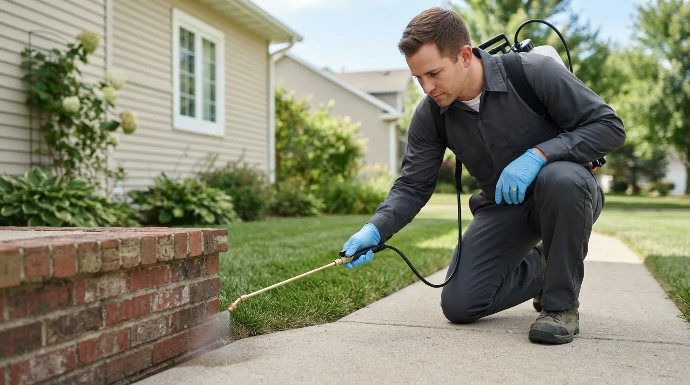 Pest control technician treating a home near Sherrard, IL