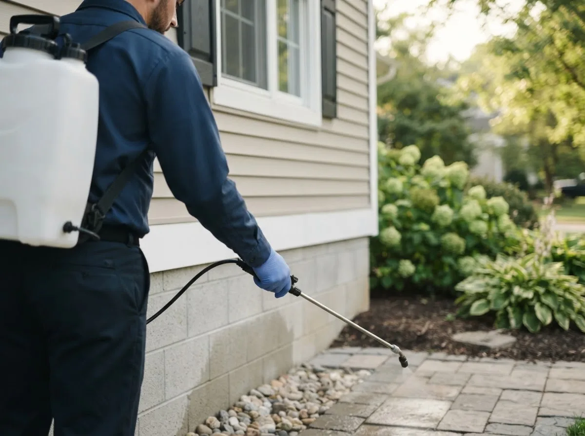 Pest control technician inspecting a home in Sherrard, IL